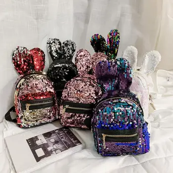 

Cute Rabbit Ears Backpacks Women Girls Sequins Casual Travel Shoulder Schoolbag Ladies Simple Large Capacity Knapsack