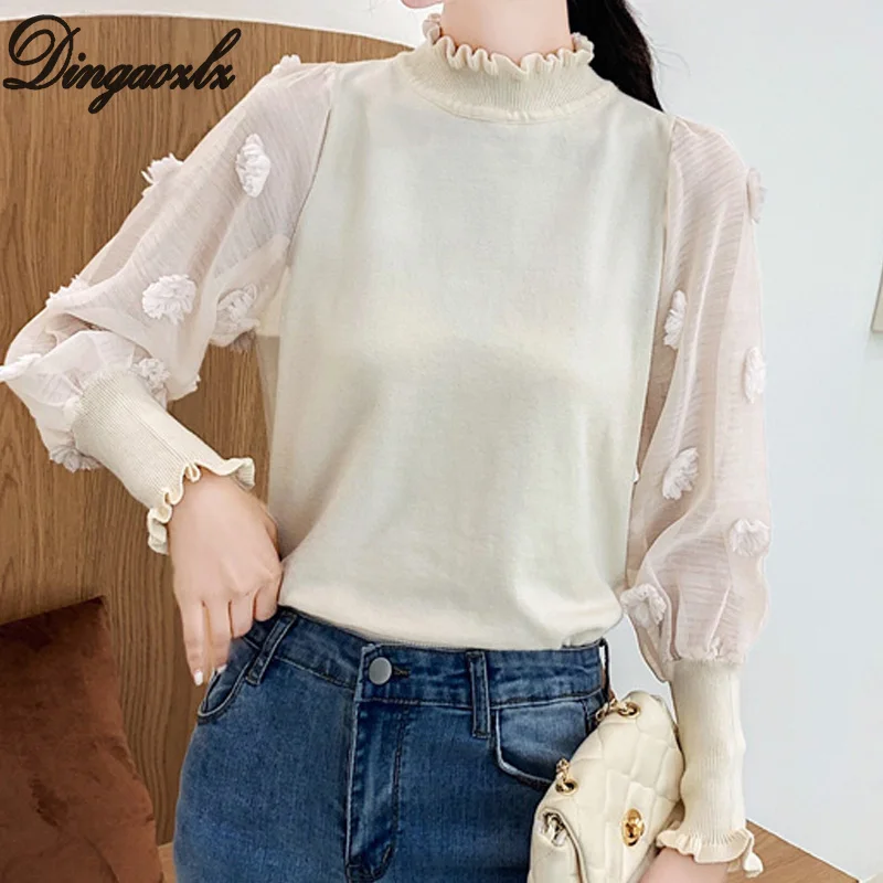 

Dingaozlz Autumn Winter Women sweater Ruffled Collar Flower Pullovers Lantern Sleeve Stitching Chiffon Knitted Top