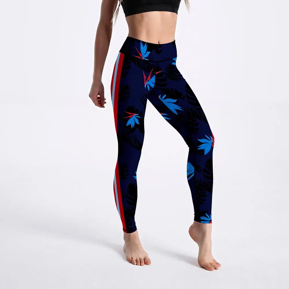 

New Style Side Striped Pattern Digital Printing Outdoor Sporting Fitness Leggings Elastic Force Push Up Breathable Leggings