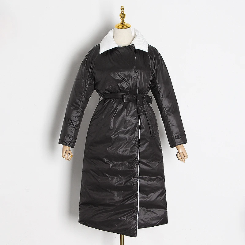 TWOTWINSTYLE, искусственная кожа, хит, цвет, на шнуровке, женские хлопковые пальто, воротник с лацканами, длинный рукав, парки, женские,, модные, зимние, новые
