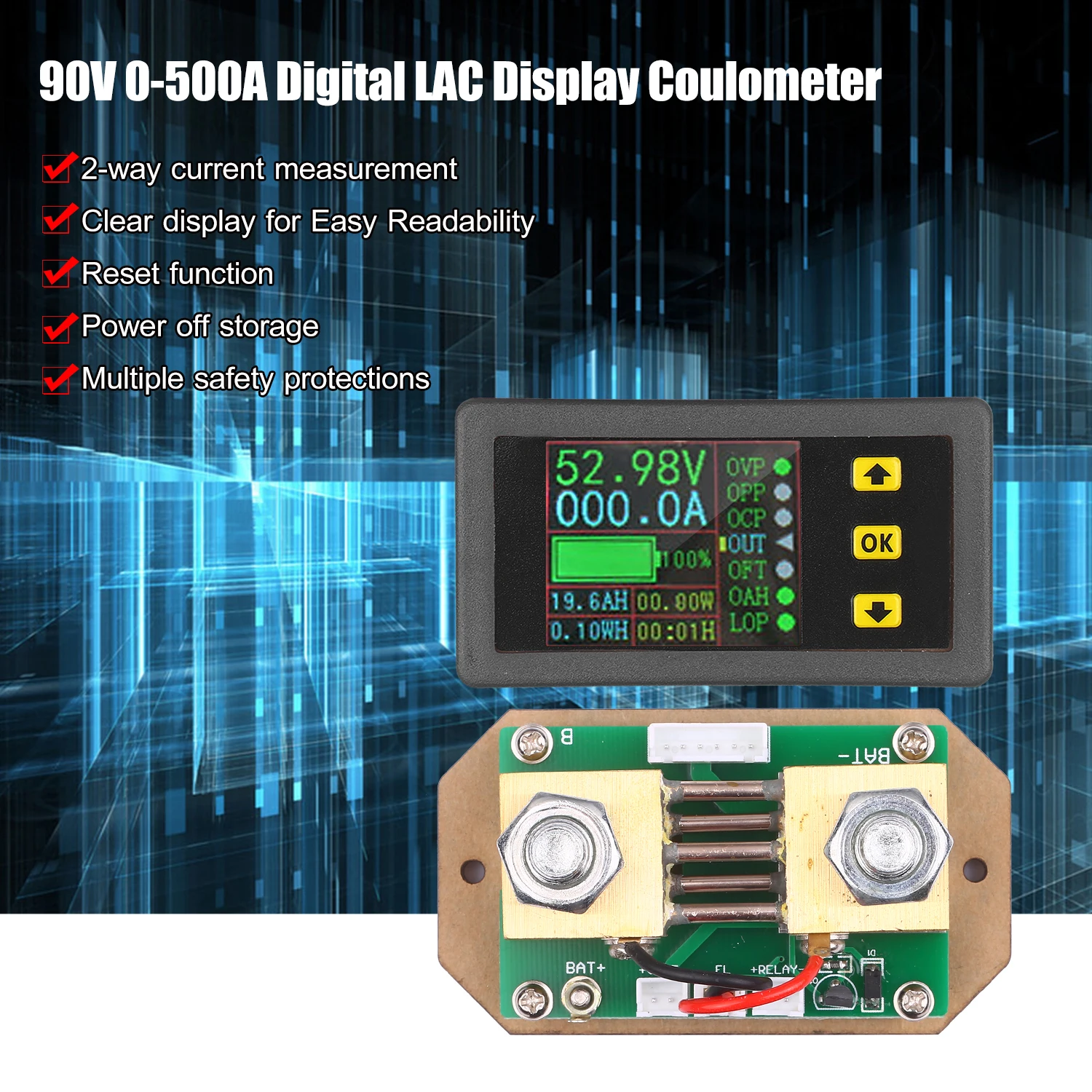 90V 0-500A Digital LCD Display Coulometer 2-way Current Measurement Voltmeter Ammeter Watt Meter Voltage Energy Monitor | Инструменты