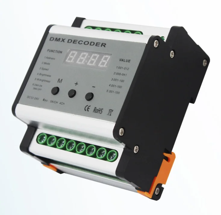 DMX701 DMX Rail 4 Декодер каналов DMX512 4-канальный светодиодный контроллер диммер выход 5A/CH Макс 480 Вт Выходная мощность DC12V-24V