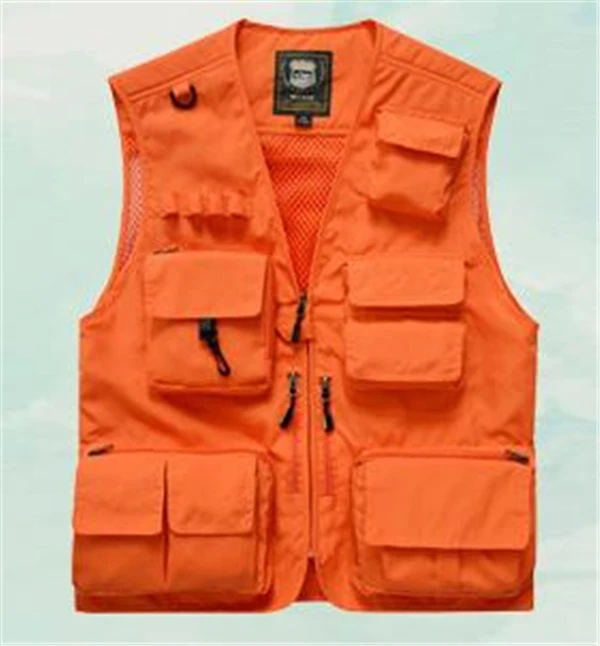 Уличный мужской туристический жилет с несколькими карманами, одежда для рыбалки, большой размер 4XL 5XL, куртка, Сверхлегкий сетчатый свободный тактический охотничий жилет - Цвет: Оранжевый