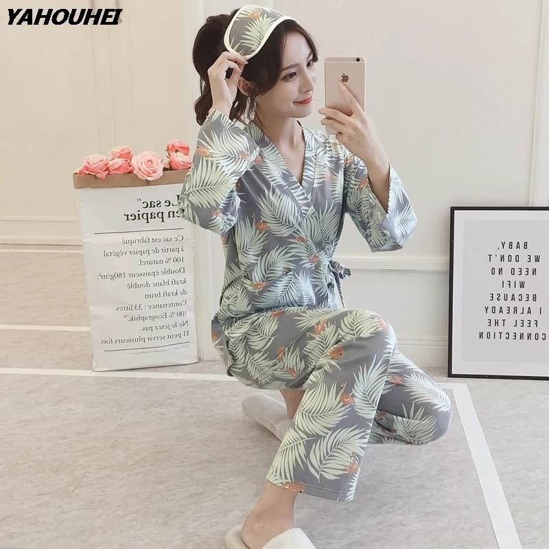 

2019 Autumn Japanese Kimono Pajama Sets for Women Long Sleeve Pyjama Girls Print Pijama Mujer Homewear Home Clothing 2 Piece Set