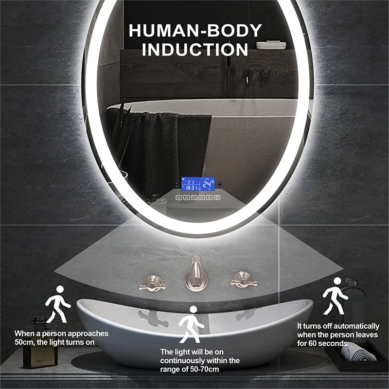 LED Smart Bathroom Mirror Adjustable 3 color Light+Bluetooth+Anti Fog+Dimmable Human-body induction Makeup Vanity Hotel mirror