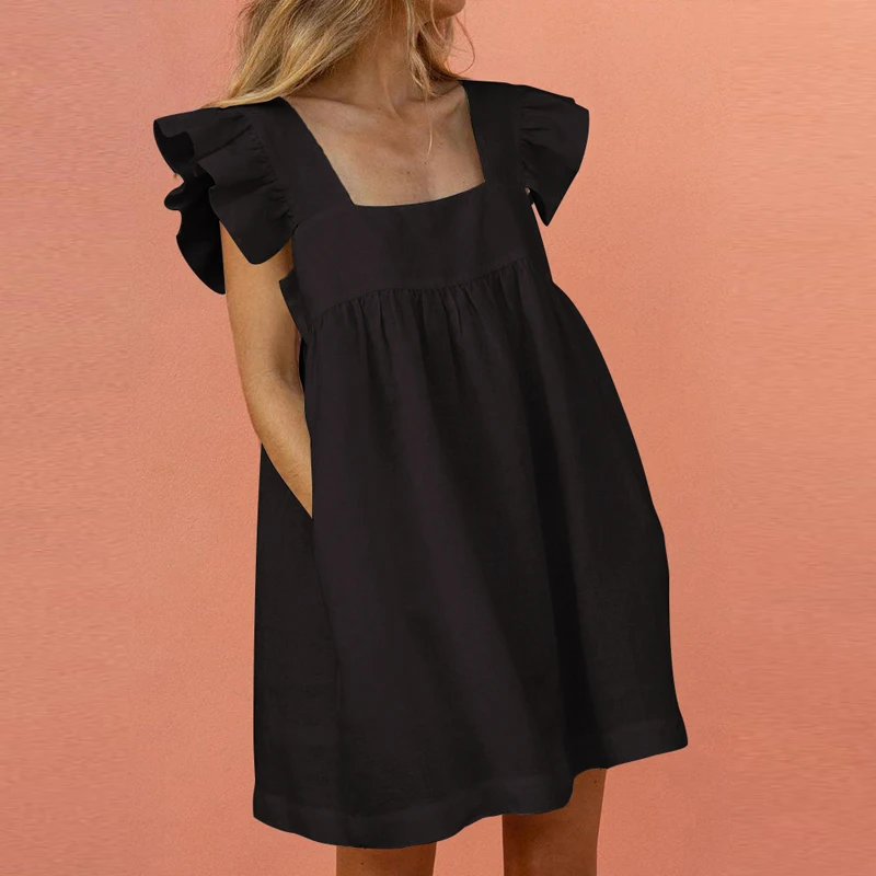 2022 New Women Sweet Dress Summer Elegant Square Collar Puffles Sleeve Solid Mini Dress Ladies Casual Loose Pocket Beach Dress long dress