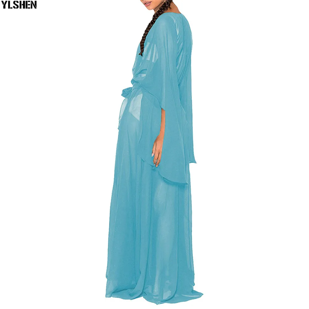 Blue African Dress Africa Dresses for Women Clothes Dashiki Bat Sleeve Cardigan Blouse Chiffon Maxi Dress Vestido Africano Robe 07