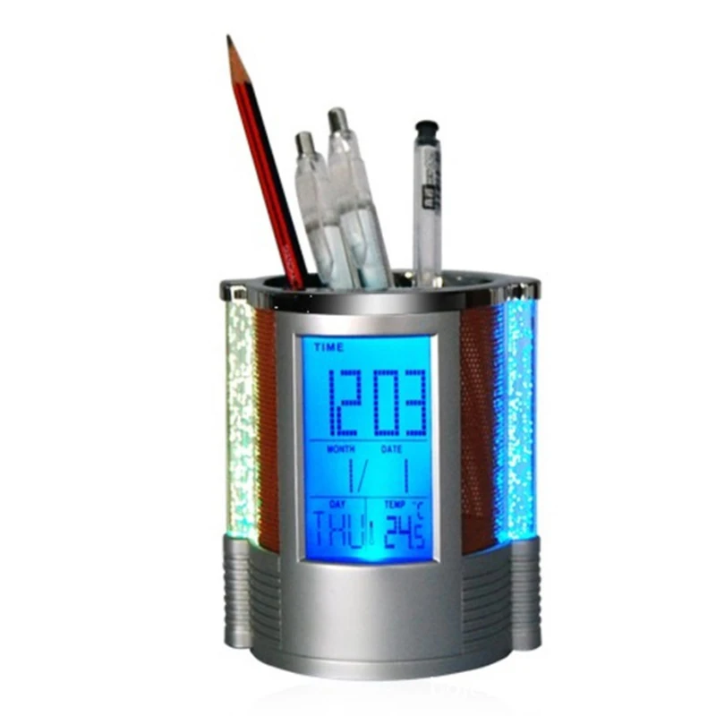 

Digital LCD Desk Alarm Clock Pen Holder Mesh Pen Pencil Holder With LED Light Pens Rulers Office Desk Organizer