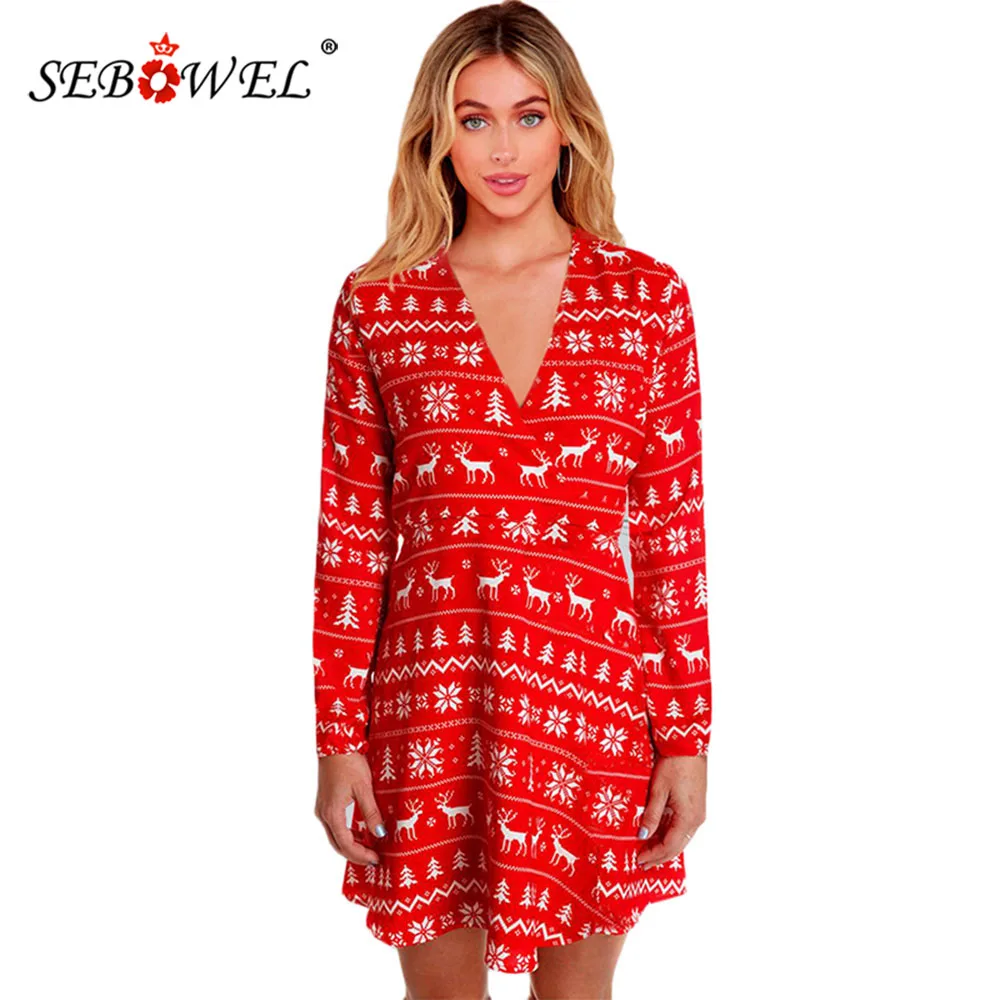 

SEBOWEL Christmas Party Dresses for Women Long Sleeve V-neck High Waist Print Dress Female Slim A-line Xmas Mini Dresses S-XL