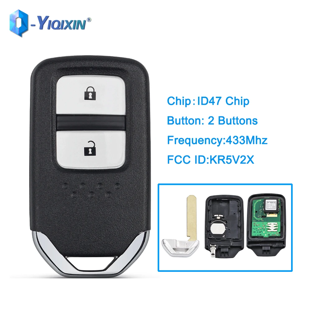 YIQIXIN 2 Buttons 433Mhz Remote Smart Car Key For Honda Jazz CRV Pilot Accord Civic Fit Freed HRV 2014 2017 ID47 Chip KR5V2X Fob