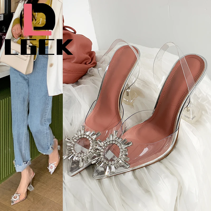 

Transparent PVC Sandals Women Pointed Clear Crystal Sun Flowers High Heel Stilettos Sexy Pumps Summer Shoes Peep Toe Women Pumps