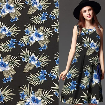 

Pure silk fabric spun silk fabric blue floral and leaves on black bottom,SRS072