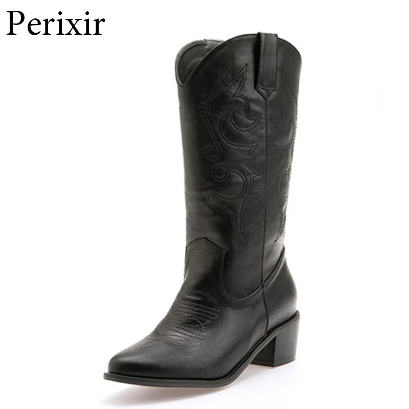

Women Chunky Mid Heel Pull On Cowgirl Cowboy Boots Embossed Winter Western Pointed Toe Mid Calf Tabs Motorcycle Boots for Female