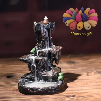 

Resin Mountain Shape Smoke Waterfall Backflow Incense Burner Holder With 20 Pcs Incense Cones Ornament Home Officer Decor