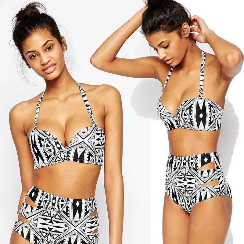 

Retro Wave Point Conservative Split Swimsuit Lady Sexy High Waist Beach Bikini Set Rose Swimsuit Women