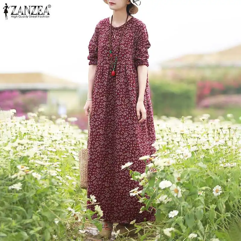 2025 ZANZEA Vintage Autumn Floral Printed Sundress Women Bohemian