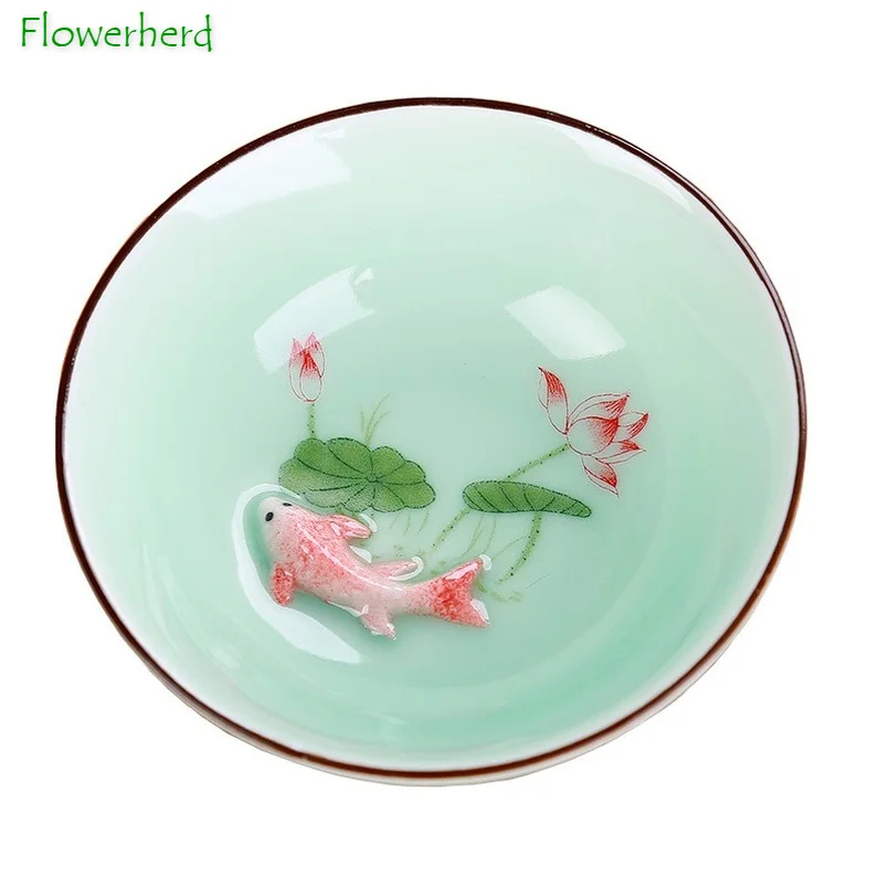 Celadon Small Carp Tea Cup Teaware Ceramic Porcelain Hand-painted Lotus Ceramic Kung Fu Tea Set Tea Cup