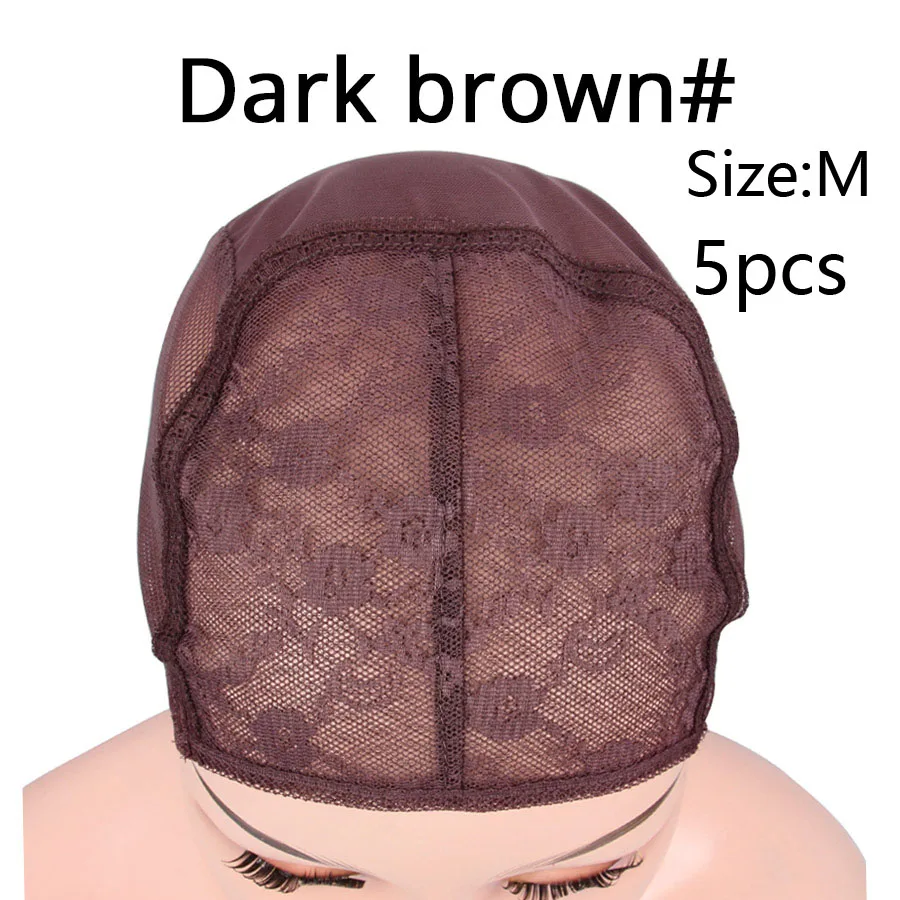 5 шт./партия, переплетенная Кепка для изготовления парика, черный коричневый парик с регулируемым ремешком, двойная сетка, накладные волосы, сетки, кружевные Чепчики - Цвет: Dark Brown M 5PCS
