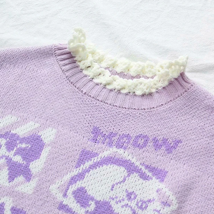 Сладкий женский свитер осень зима крюк цветок лотоса лист пуловер Лолита Харадзюку медовый Кот жаккард Kitted Топ свитера