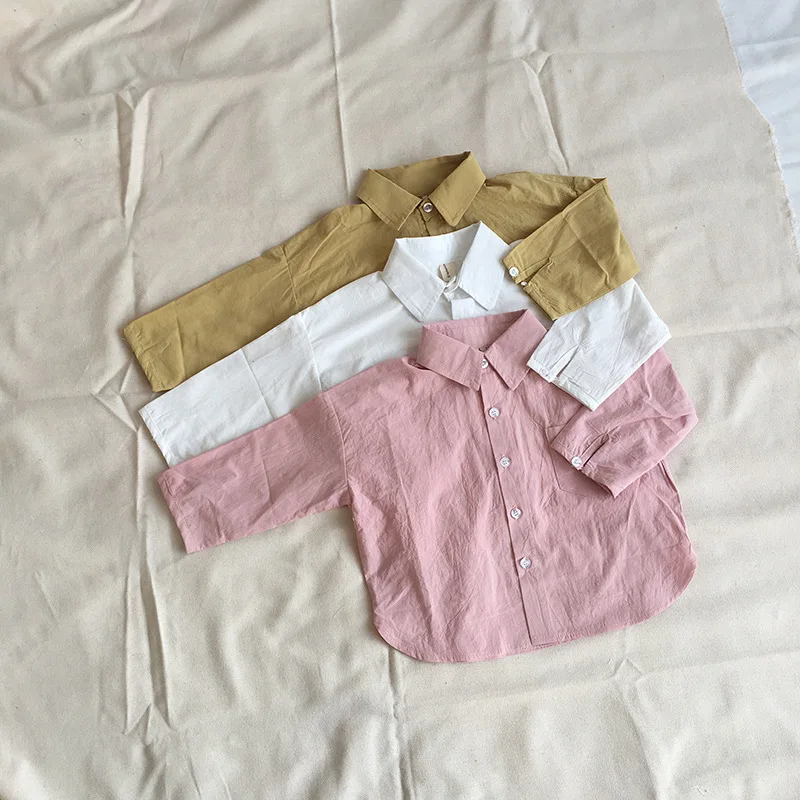 Новинка года, Весенняя Детская рубашка из чистого хлопка в Корейском стиле Однотонная рубашка с отложным воротником для мальчиков и девочек