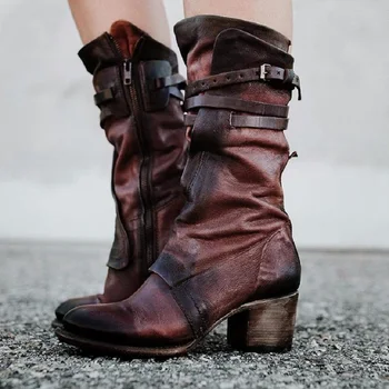 

Vintage Low Heel Zipper Faux Leather Boots