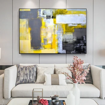

Modern Wall Art Abstract Paintings Yellow Grey and White Canvas Painting Prints Posters Pictures for Home Decoration Unframed