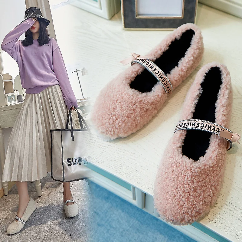 

Fluffy Shoes Women's Winter 2019 New Style Outer Wear Genuine Leather Natural Wool Fashion Network Bloody Mary Jane Lettered Buc
