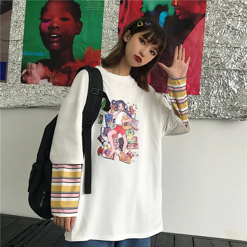 Woherb Autumn Women Korean Ulzzang Harajuku T-shirt Funny Printed Fake Two Long Sleeve T-shirts Female Loose Shirts Tops