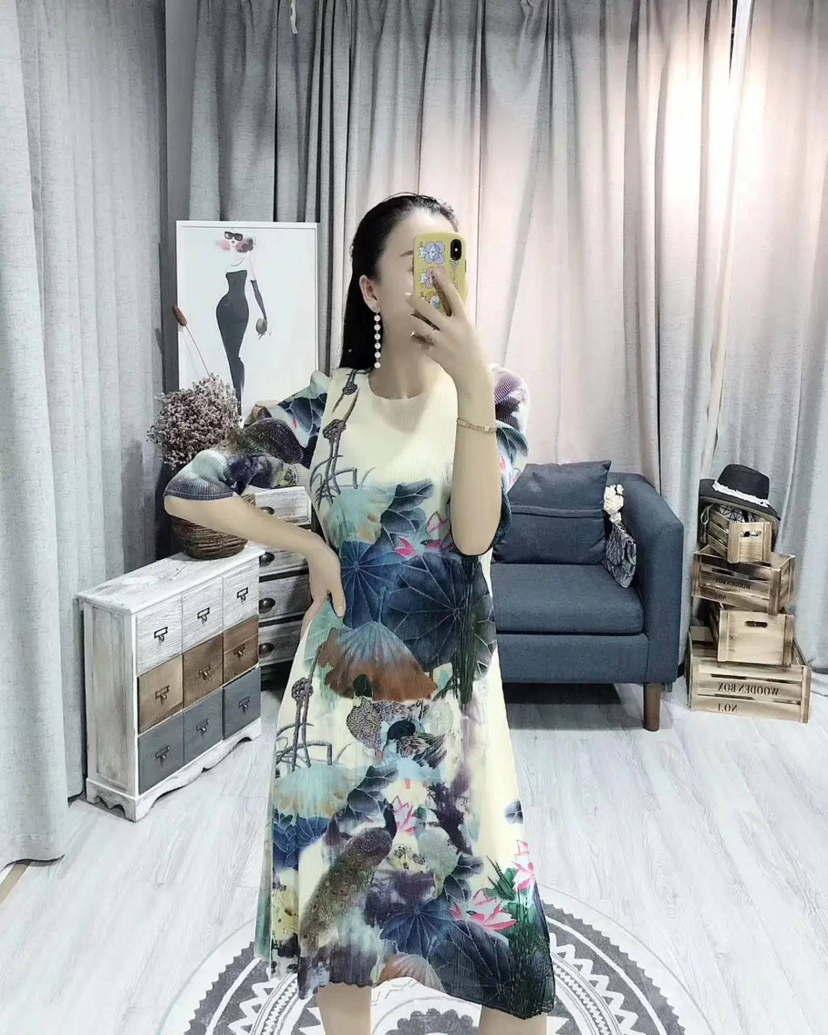 Горячая Miyake новая мода раза китайский стиль чернила живопись Половина рукава o-образным вырезом платье доступно