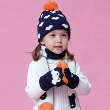 Шапка, шарф, перчатка, комплект для девочек, зимняя шапка с помпоном, теплый комплект из трех предметов, толстый осенний лыжный аксессуар для малышей