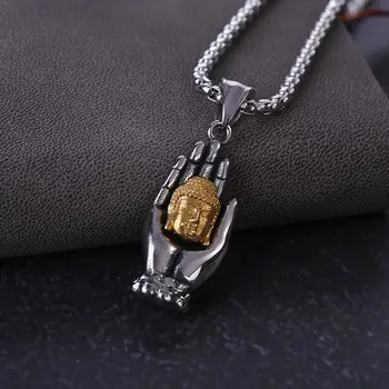 

Hands Holding Gold Buddha Head Pendant Necklace Retro Chain Lucky Personality Steel Men Jewelry Buddhism Women Choker Stain O6D9