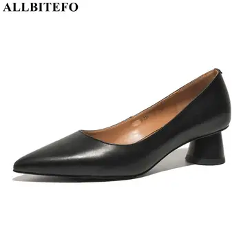 

ALLBITEFO easy style genuine leather thick heels office ladies shoes autumn women high heel shoes brand high heels women heels