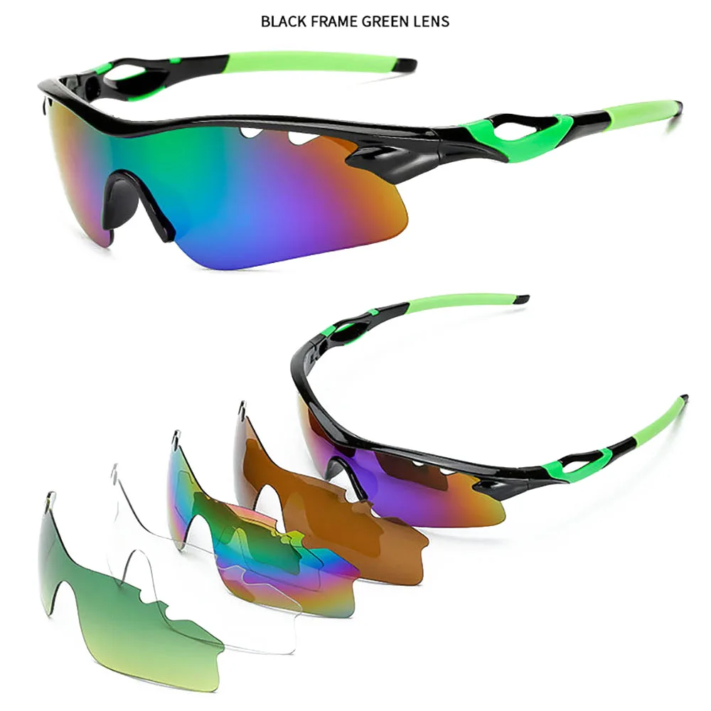 BKACK FRAME GREEN New Cycling glasses explosion-proof outdoor riding glasses sunglasses 5 lens sports set polarized Discoloration sunglasses - Цвет: BKACK FRAME GREEN
