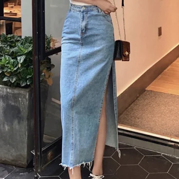 

plus size 5XL!2020 Spring summer casual split denim skirt women high waist step long jeans skirt