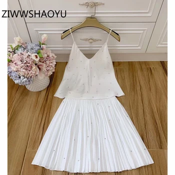 

ZIWWSHAOYU Female Fashion Summer White Sexy Club Suits V-Neck Pearls Spaghetti Strap Tops And Pleated Mini Skirt Two Piece Set