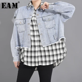 

[EAM] Loose Fit Blue Plaid Burr Deim Sittch Big Size Jacket New Lapel Long Sleeve Women Coat Fashion Tide Spring 2020 1U34505