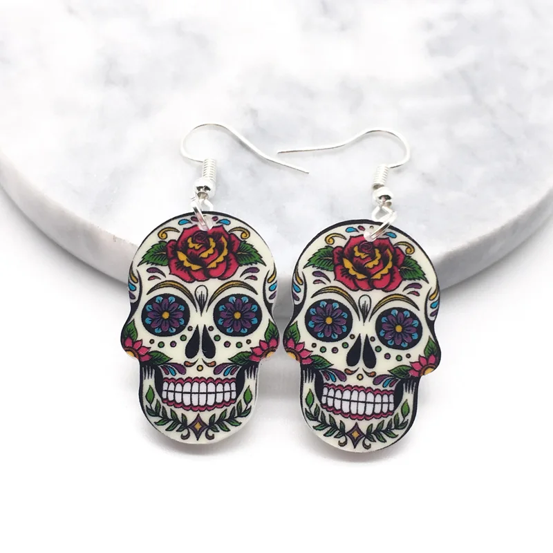 Skull Earrings Calavera Sugary-Sweet Whimsical Celebrate Mexican Day Halloween Acrylic Sugar Skull Earrings For Women 4 colors - Окраска металла: 2