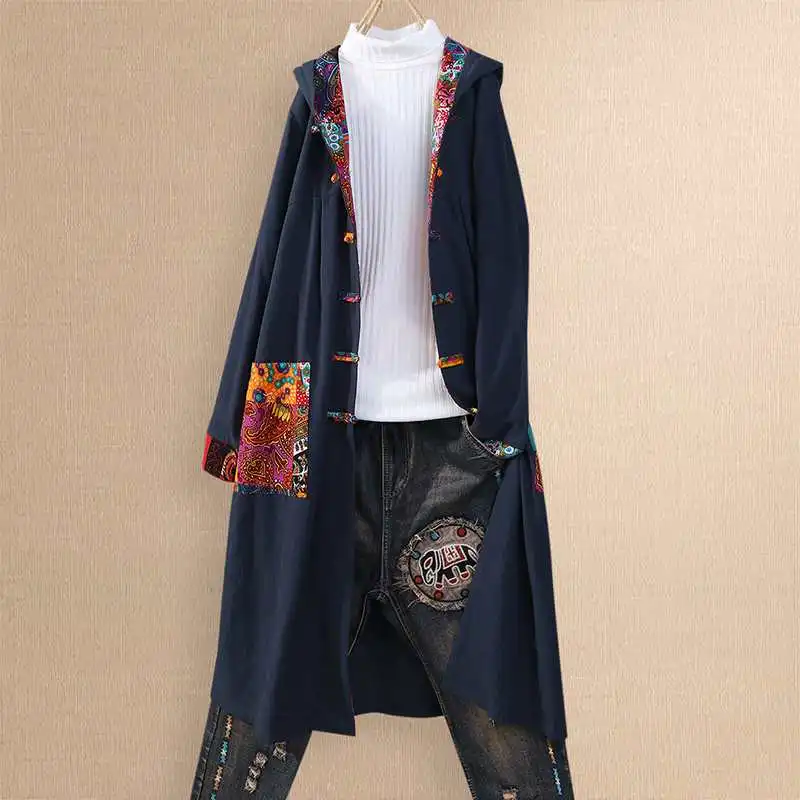 

Plus Size Women's Hooded Blouse 2020 Kaftan Patchwork Cardigans Spring Causal Long Tops Female Stiching Tunic Printed Shirts 5XL