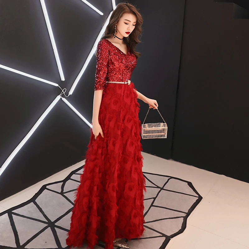 AE599 Robe De Soiree Новые Элегантные трапециевидные кружевные Длинные вечерние платья бордового цвета с v-образным вырезом вечерние платья, расшитые пайетками