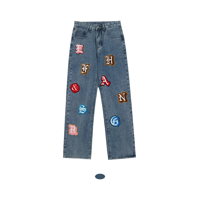 High Street Vintage Casual Jeans Men's Harajuku Straight Washed Oversize Loose Denim Trousers Male Letter Patch Streetwear Pants 1