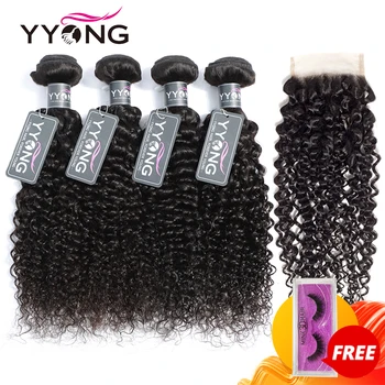 

Yyong Peruvian Kinky Curly Weave 4 Bundles With Closure 100% Human Hair Bundles With Medium Brown Swiss Lace Closure Non Remy
