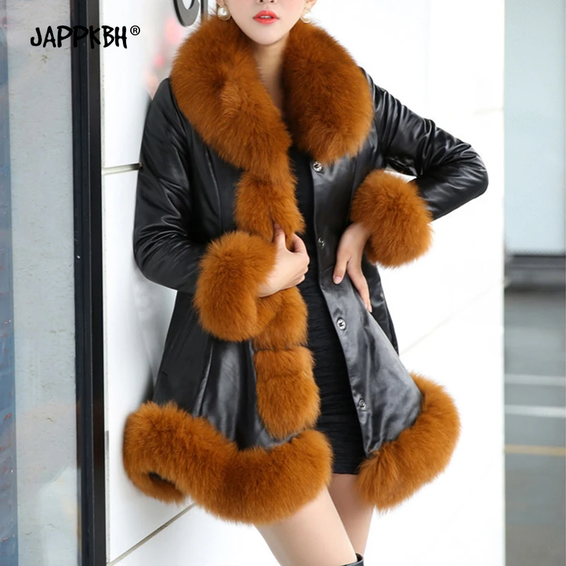 

PU Leather Coat Women 2020 Autumn Winter Long Jackets Female Casual Warm Slim Faux Fox Fur Collar Coat Vintage Plus Size Parkas