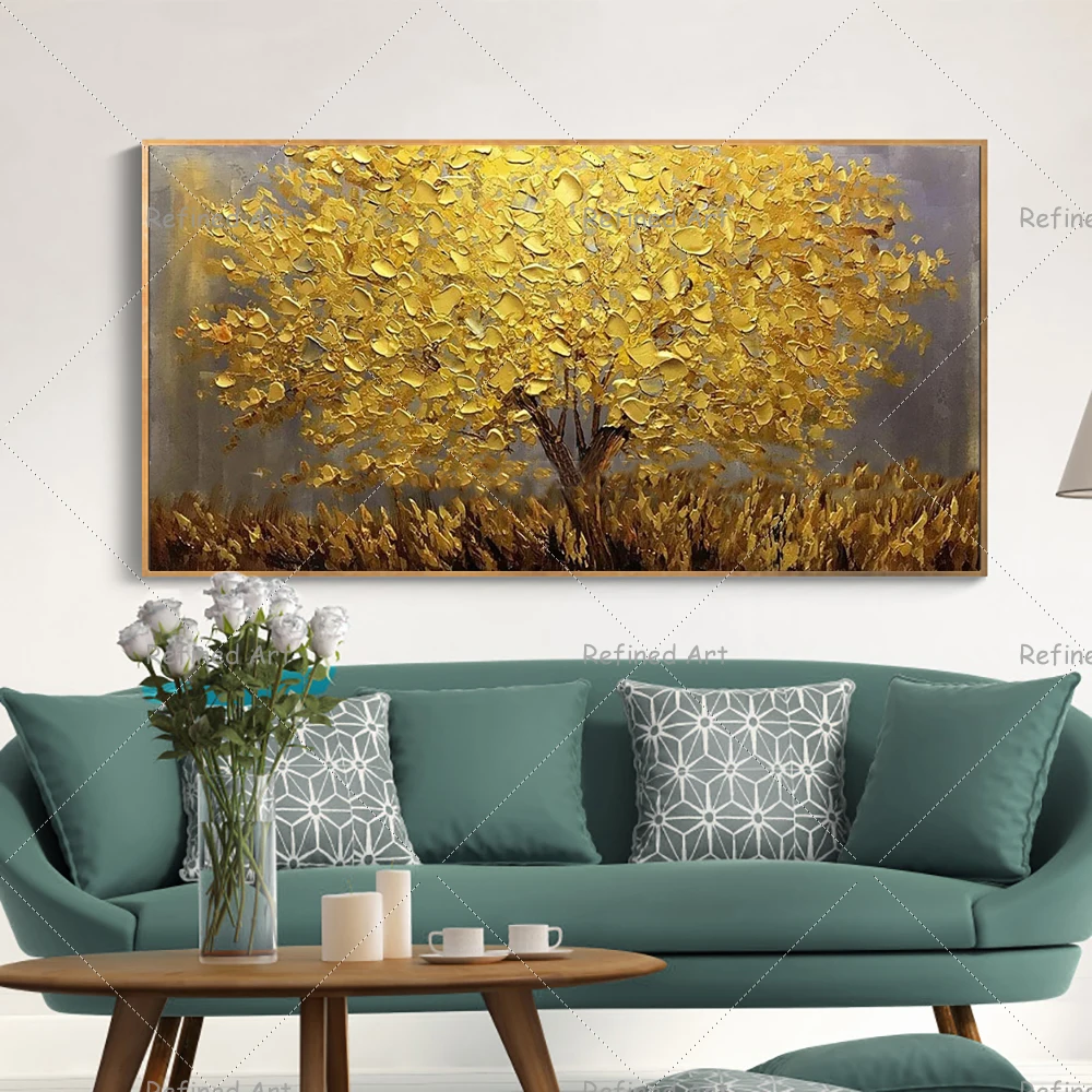

Hand Painted Oil Paintings Canvas Abstract Golden Tree Palette Knife Flower Decor Wall Home Interior Decorations Arte Painting
