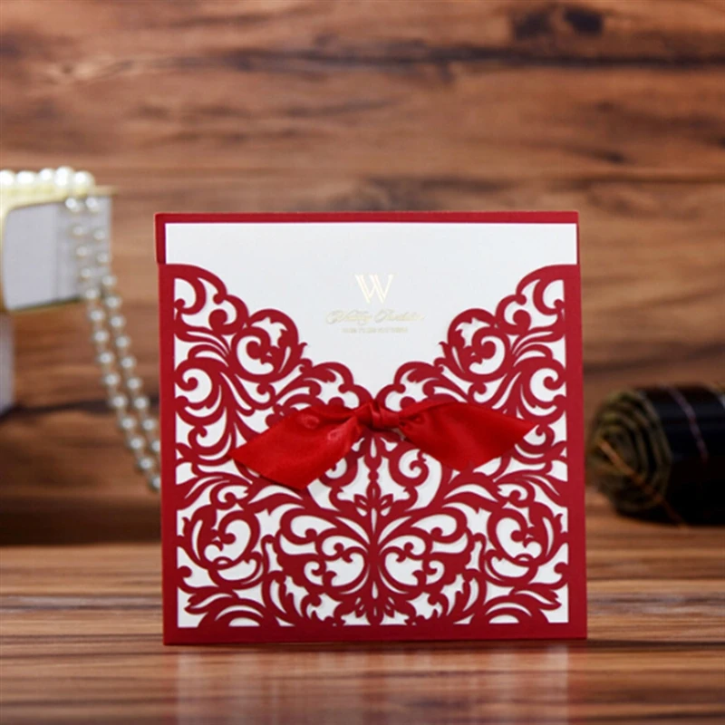  1Set Gold Red Laser Cut Luxury Flora Wedding Invitations Card Elegant Lace Favor Print Envelopes We - 4.00047E+12