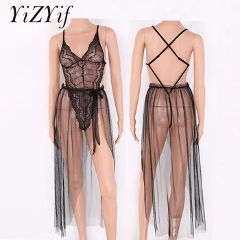 

Women Mesh Sheer Lingerie Sexy Clothes set See Through Back Cross Lace Thong Leotard Bodysuit with Wrap Maxi Skirt Cover-ups