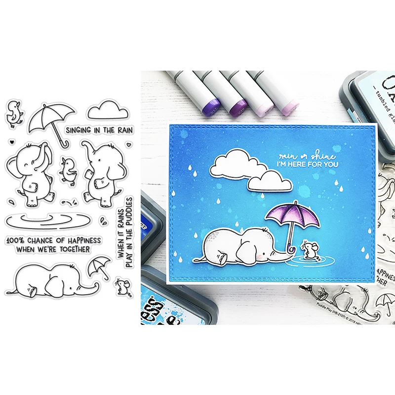 

Rainy Day Shining Elephant Mouse Duck Graceful Umbrella Cloud Word Transparent Clear Stamps For DIY Scrapbooking Cards Craft