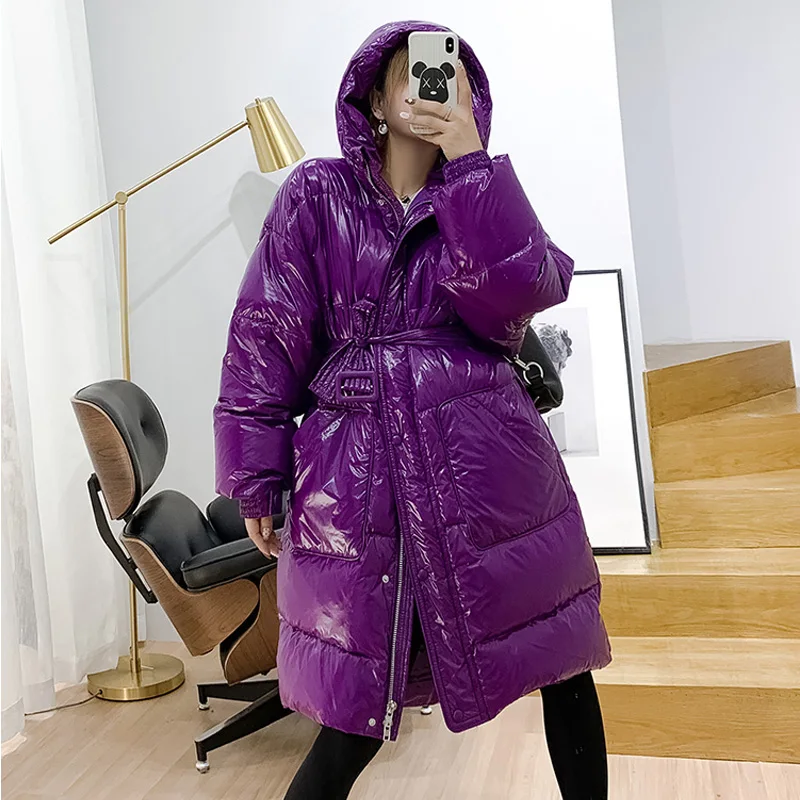

2020 Winter Down Parka Candy Color Women's Down Jacket Purple Pink 90% White Duck Down Coat Women Hooded Warm Outwear Sashes