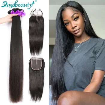 

Rosabeauty 28 30 32 Inch Peruvian Hair Bundles Straight 3 4 Bundles With Lace Closure Remy Human Hair and closure
