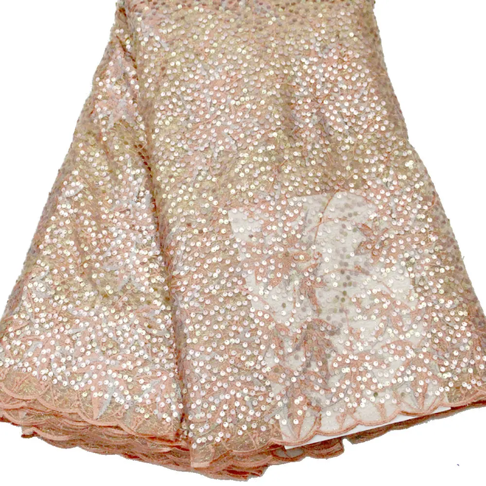 

Latest Nigeria Sequence Lace Fabric 2019 High Quality Peach Gray Pink Embroidered Net Lace Fabric for Nigerian Women Dresses