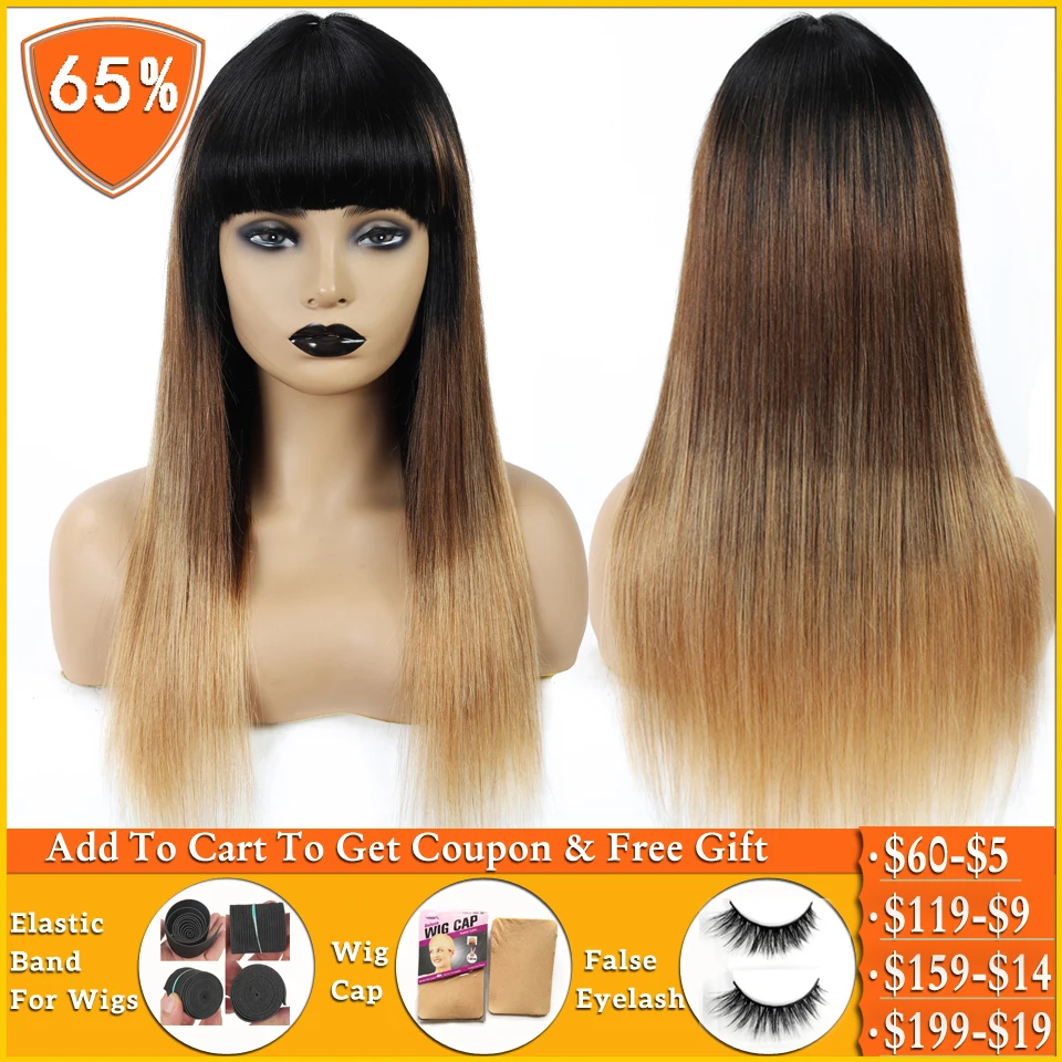 Brazilian T1b 4 27 Blonde Ombre Human Hair Wig With Bangs Straight